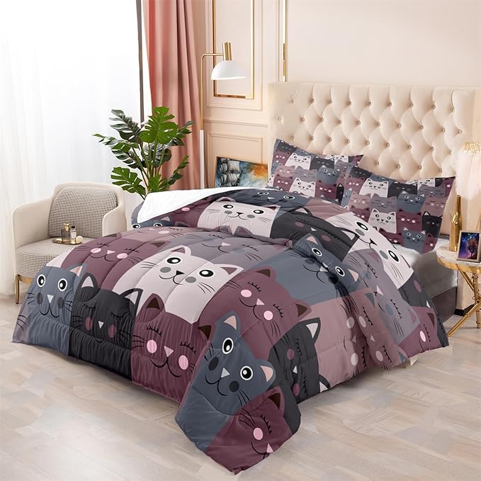 Cat Comforter Set Full Size - 3Pcs Grey Cat Bedding Set for Boys Girls Teens Cute Animals Themed Bedding Set Warm Ultra Soft Cartoon Cat Quilt Cover with 2 Pillowcases for Kids Room Decor