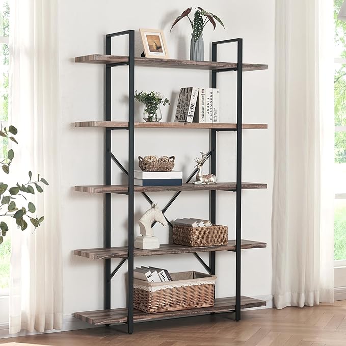 HOMISSUE Bookshelf,5-Tier Bookshelf Industrial Bookcase and Bookshelves,Rustic Storage Rack with Open Shelves for Living Room Bedroom and Kitchen,Retro Brown