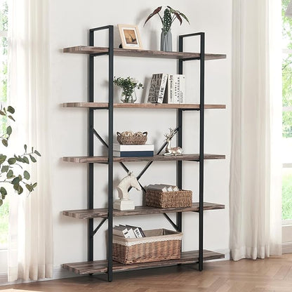 HOMISSUE Bookshelf,5-Tier Bookshelf Industrial Bookcase and Bookshelves,Rustic Storage Rack with Open Shelves for Living Room Bedroom and Kitchen,Retro Brown