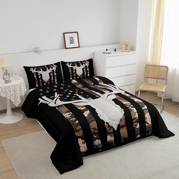 Erosebridal Brown Camo Deer Bedding Comforter Sets, American Flag Comforter Set Queen Size for Boys Teens, Western Farmhouse Antlers Bedding Retro Camouflage Geometry Striped Quilt 3 Pcs