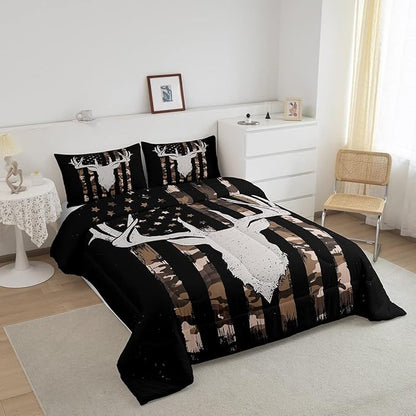Erosebridal Brown Camo Deer Bedding Comforter Sets, American Flag Comforter Set Queen Size for Boys Teens, Western Farmhouse Antlers Bedding Retro Camouflage Geometry Striped Quilt 3 Pcs