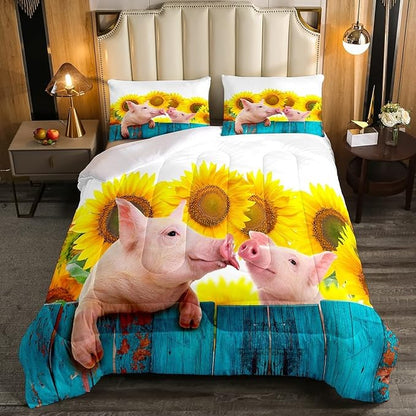 Pig Comforter Set King Sunflower Bedding Set for Kids Boys Girls Farmhouse Animals Duvet Set Funny Cute Pig Quilt Set Rustic Country Plant Floral Comforter Set Turquoise Wooden Comforter Set