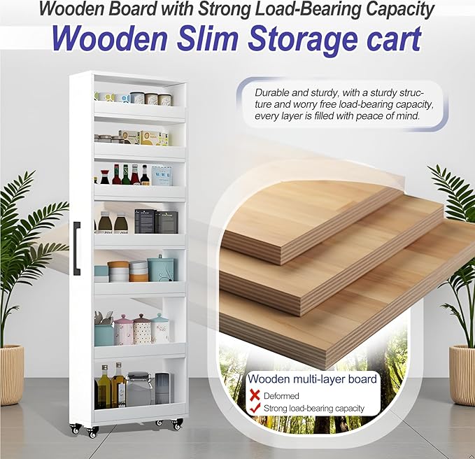 7-Tier Slim Storage Cart, Wooden Rolling Pantry Cabinet with Wheels, Narrow Shelf Organizer for Kitchen, Bakers Rack, Dining Room, Closet, Small Spaces Light Walnut 47.2" H*7.8" W*23.6" D