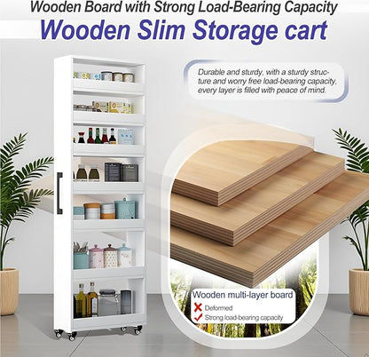 7-Tier Slim Storage Cart, Wooden Rolling Pantry Cabinet with Wheels, Narrow Shelf Organizer for Kitchen, Bakers Rack, Dining Room, Closet, Small Spaces Light Walnut 47.2" H*9.8" W*23.6" D