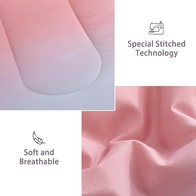 Dinjoy Girls Comforter Set Full Size Colorful Rainbow Ombre Pink Purple Light Blue Bedding Set Gradient 7 Pieces Bed in A Bag for Kids Teen Women(1 Comforter, 1 Flat Sheet, 1 Fitted Sheet)