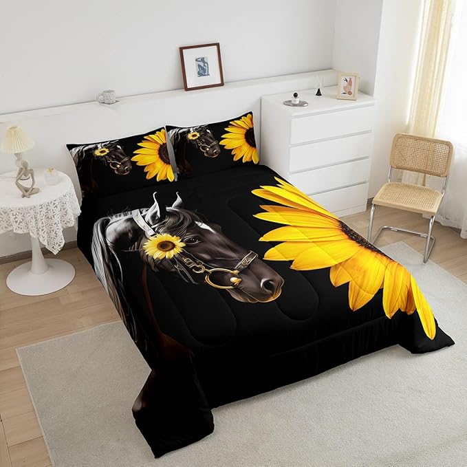 Erosebridal Horse Comforter Set Twin,Sunflower Horse Bedding set for Boys Girls Teens Adults,Western cowboy Farmhouse Down Comforter farm animal Quilt Duvet Sets Bedroom Decor 1 Pillow Case Black