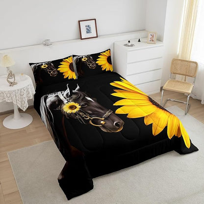 Erosebridal Horse Comforter Set King,Sunflower Horse Bedding Set for Boys Girls Teens Adults,Western Cowboy Farmhouse Down Comforter Farm Animal Quilt Duvet Sets Bedroom Decor 2 Pillow Cases Black