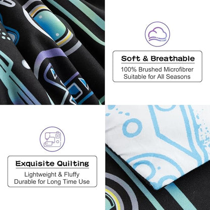 Meeting Story Gamer Gaming Bedding Sets Fluorescence Gamepad Comforter Set for Boys Games Console Action Buttons Novelty Colorful Modern Room Decor Home Quilt Set (Black, Twin)