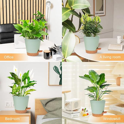 Planters for Indoor Plants 7/6.5/6/5.5/5 Inch, Self Watering Planters with Drainage Holes and Saucers 5 Pack Plastic Pots for Plants, Succulents, Herbs, Cactus, Flower Pots, Green