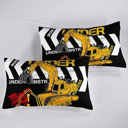 Excavator Comforter King Size,Construction Truck Comforter Set for Kids Teens Boys Girls,3Pcs Bedding Set Printed Comforter with 2 Pillowcases,Soft and Lightweight(Black，King Size)