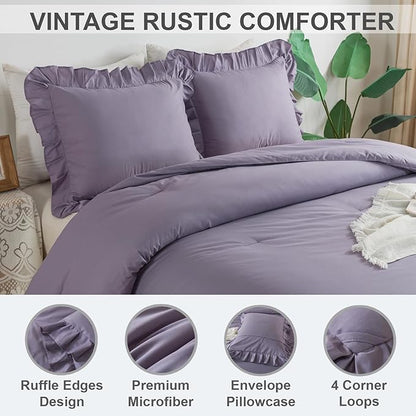 Andency Grayish Purple Comforter Set Full Size, 3 Pieces Lightweight Soft Rustic Ruffle Comforter Women Man, Solid Farmhouse Shabby Chic Microfiber Bedding Comforter Sets for All Season