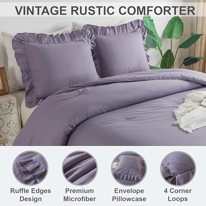 Andency California King Comforter Sets Grayish Purple (104x96Inch), 3 Pieces Cal King Ruffle Comforter, Oversized Farmhouse Shabby Chic Bed Comforter, Lightweight Soft Microfiber Bedding Set