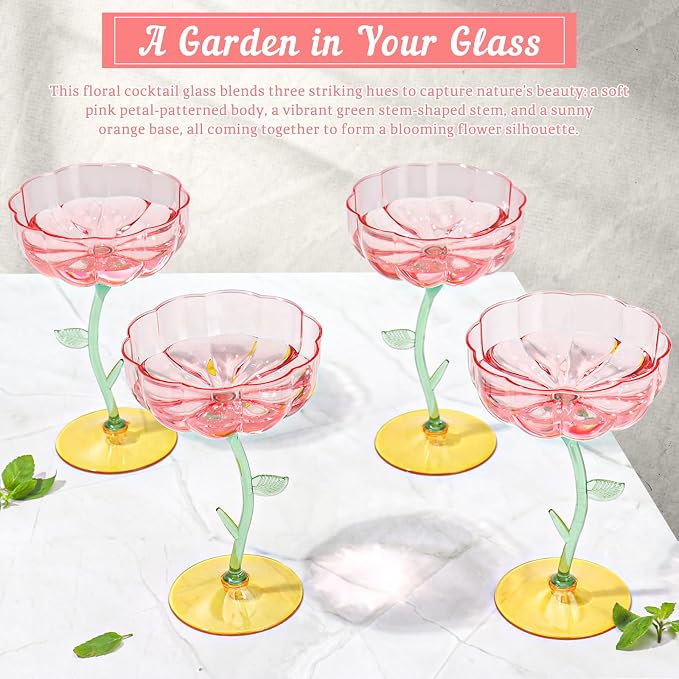 12 Pcs Pink Plastic Ribbed Coupe Glasses Detachable 7oz Flower Cocktail Glasses Modern Wavy Plastic Cocktail Coupes Disposable Martini Glasses Mimosa Glassware champagne goblets (12, PInk)