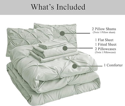 LANE LINEN King Size Comforter Set, 7 Piece Bed in a Bag King Size Set, Pintuck King Bed Set, Soft King Bedding Set, Pinch Pleated King Size Comforter Set with Sheets, Pillowcases & Shams - Mineral
