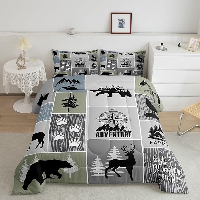 Rustic Farmhouse Cabin Kids Comforter Set King Size,Deer Bear Hunting Adventure Bedding Set for Boys Girls Adults Room Decor,Geometric Plaids Down Comforter,Gray Green Duvet Insert,2 Pillowcases