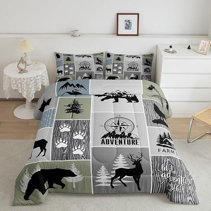Rustic Farmhouse Cabin Kids Comforter Set Twin Size,Deer Bear Hunting Adventure Bedding Set for Boys Girls Adults Room Decor,Geometric Plaids Down Comforter,Gray Green Duvet Insert,1 Pillowcase