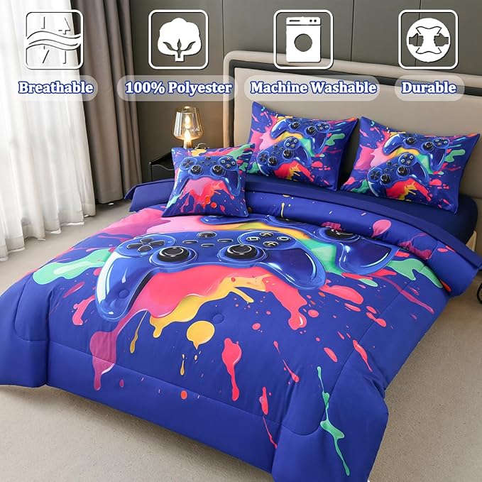 Full Size Gamer Comforter Set for Boys, Game Controller 6 Pcs Bed in a Bag Full Gaming Bediing Set for Boys Kids
