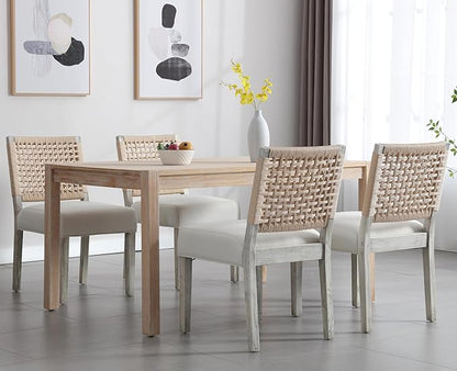 Kmax Farmhouse Dining Chairs Set of 4, Rustic Kitchen Chairs with Linen Fabric Seat and Woven Back, Vintage Accent Chairs for Dining Room, Living Room, Ivory