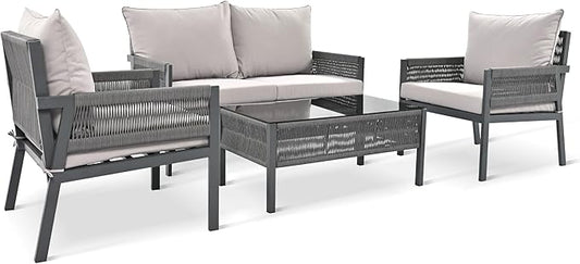 4-Piece Patio Conversation Furniture Set, Rope Weave Outdoor Loveseat Sofa with 2 Armchairs, Thick Cushion&Tempered Glass Table, for Garden Backyard, Onesize, Gray