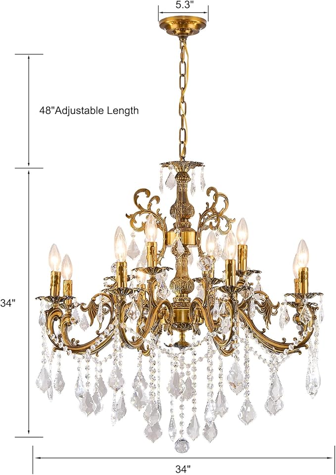 Vintage 8 Arms Crystal Chandelier Candle Light Fixture for Dining Room Living Room Bedroom Hallway Entryway Antique Gold Finish (34"-12 Lights)