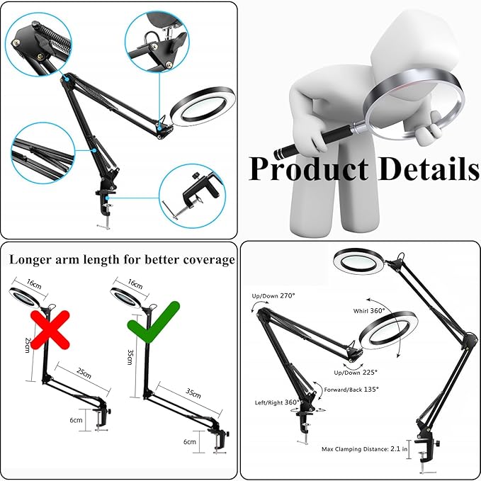 Desk Lamp with Magnifier and 3 Color Modes, 8X Magnification Table Lamp with Flexible Gooseneck and 3 Brightness Levels for Reading, Studying and Crafting