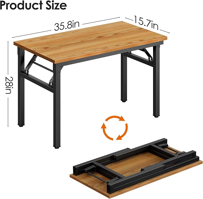 DlandHome 35.8 Inch Small Folding Computer Desk for Home Office, Teak Black | Foldable Writing Table for Small Spaces Bedroom, No Assembly Required, Wood Top Metal Frame, Collapsible Compact Easy Storage