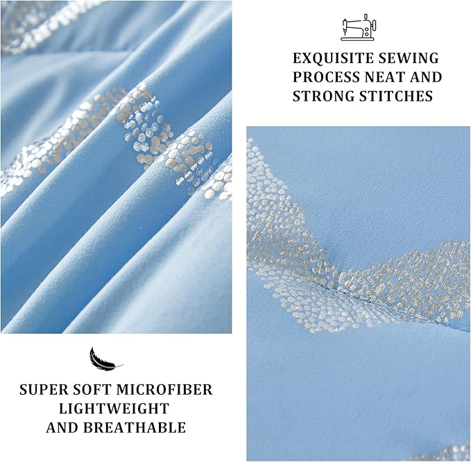 Blue/Silver Comforter Set Queen, Metallic Print Glitter Bedding Set Cute Shinny Bed Sets for Teen Girls Kids Women, 4 Piece (2 Pillowcases, 1 Decorative Pillow Sham)