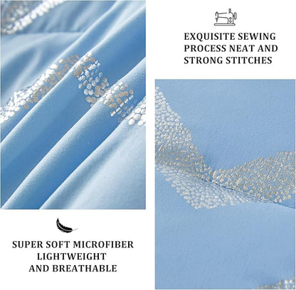 Blue/Silver Comforter Set Queen, Metallic Print Glitter Bedding Set Cute Shinny Bed Sets for Teen Girls Kids Women, 4 Piece (2 Pillowcases, 1 Decorative Pillow Sham)