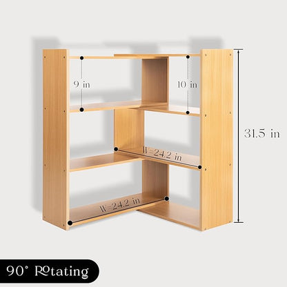 4-Tier Wooden Bookshelf, Expandable 25-47 inch Wide Bookcase, Modern Freestanding Bookcas for Small Space or Corner (Natural)