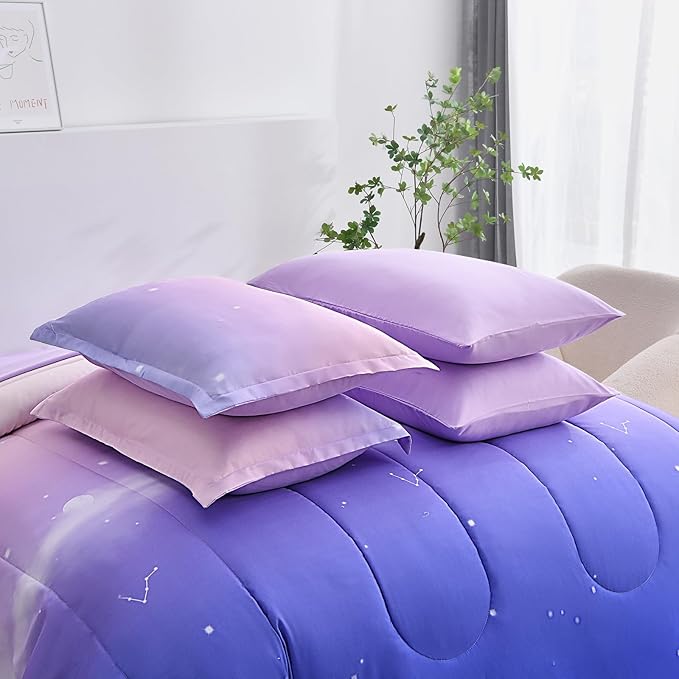 Dinjoy Girls Comforter Set Queen Size Colorful Rainbow Ombre Purple Lavender Pink Bedding Set Gradient 7 Pieces Bed in A Bag for Kids Teen Girl Women(1 Comforter, 1 Flat Sheet, 1 Fitted Sheet)