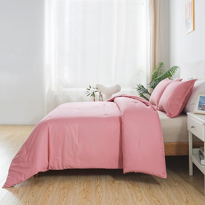 Pink Comforter Set Twin Size, Solid Blush Women Girls Pink Down Alternative Boho Bedding Comforter Set, Breathable Fluffy Microfiber Comforter (68"x90") for All Seasons with Pillowcase