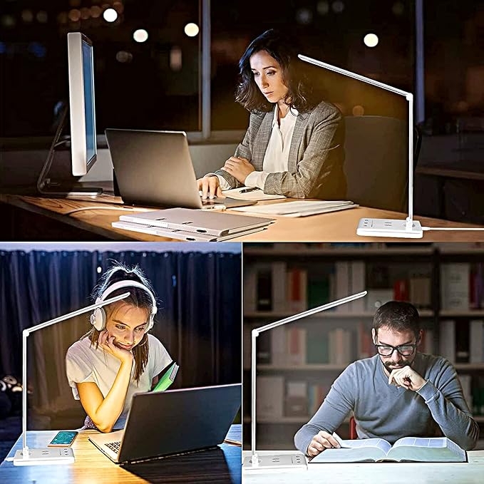 LED Desk Lamp Dimmable Table Lamp Reading Lamp with USB Charging Port, 5 Lighting Modes, Sensitive Control, 30/60 Minutes Auto-Off Timer, Eye-Caring Office Lamp (White)