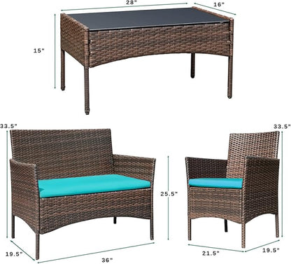Greesum Patio Furniture 4 Pieces Conversation Sets Outdoor Wicker Rattan Chairs Garden Backyard Balcony Porch Poolside loveseat with Soft Cushion and Glass Table, Brown and Blue