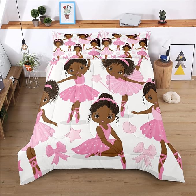 Twin Bedding Sets for Girls, African American Magic Comforter Set with Ballet Dancer, Pink Bed Set for Toddler Kids Teens, Little Girls Bedroom Decor
