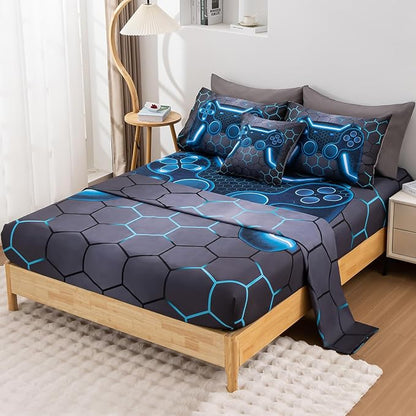 8Pcs Game Console Comforter Set with Sheets for Boys Girls Kids Teens, Geometric Gaming Themed Bed in A Bag Full Size, Blue 3D Video Gamer Controller Bedroom Decor Bedding Set-Blue