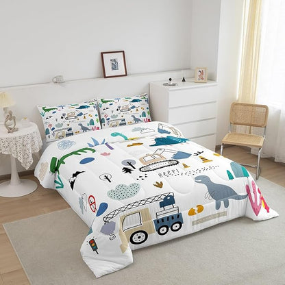 Erosebridal Construction Comforter Set Twin, Cute Dino Excavator Bedding for Kids Boys Girls, Cartoon Car Trucks Crane Equipment Bedding Comforter Sets, Green Blue Dinosaur Vehicles Duvet Insert