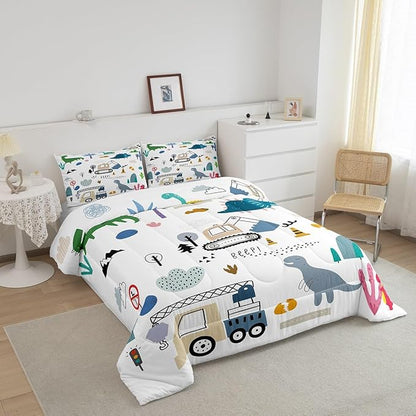 Excavator Comforter Set Full, Dinos Tractor Bedding For Children, Machinery Trucks Construction Vehicle Cartoon Dinosaur Bedding Comforter Sets, Bulldozer Crane Equipment Truck Quilt, Blue Grey Green
