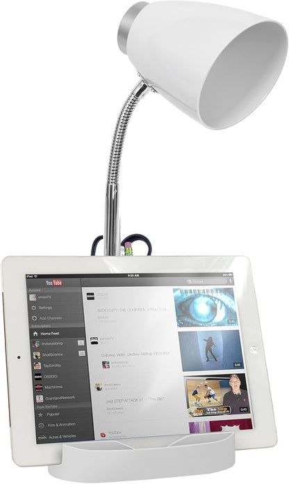 Simple Designs LD1002-WHT Gooseneck Organizer Desk Lamp with iPad Tablet Stand Book Holder, White