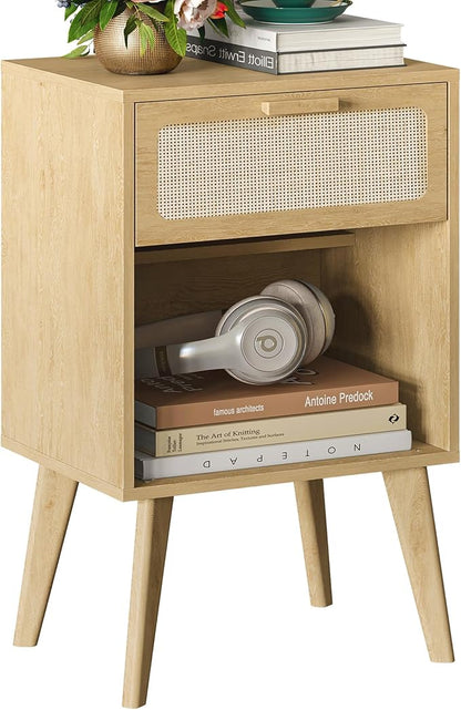 Rattan Nightstand with Opening Storage,Boho Bedside Table with Drawer,Wood Nightstand with Solid Wood Legs,End Side Table for Living Room,Bedroom,Small Space Natural CTG62Y