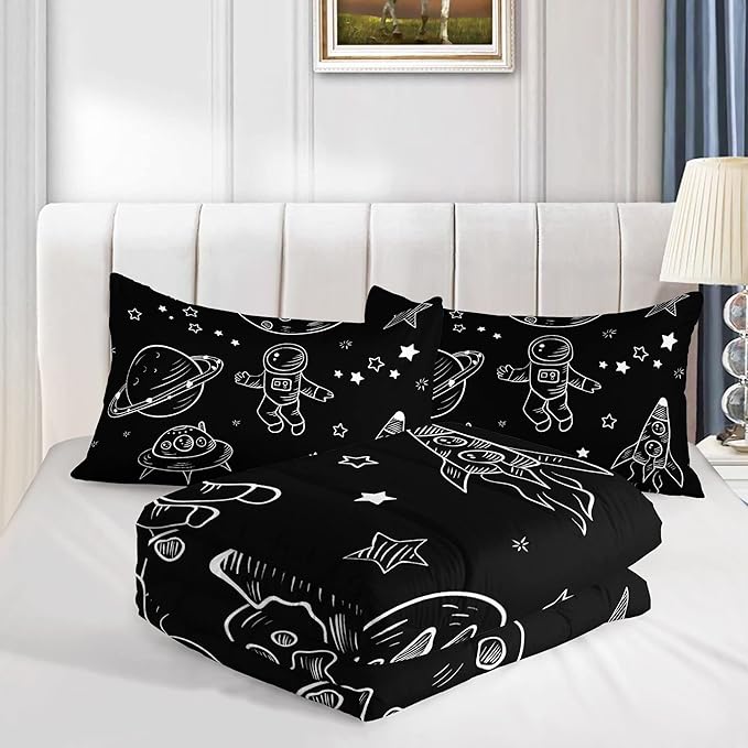 Datura home Kids Space Astronaut Comforter Set for Boys Kids Children,Galaxy Space Ship Astronaut Rocket Printed Bedding Set with 1 Comforter and 2 Pillowcases(Space Galaxy Full), Full 80x90inches