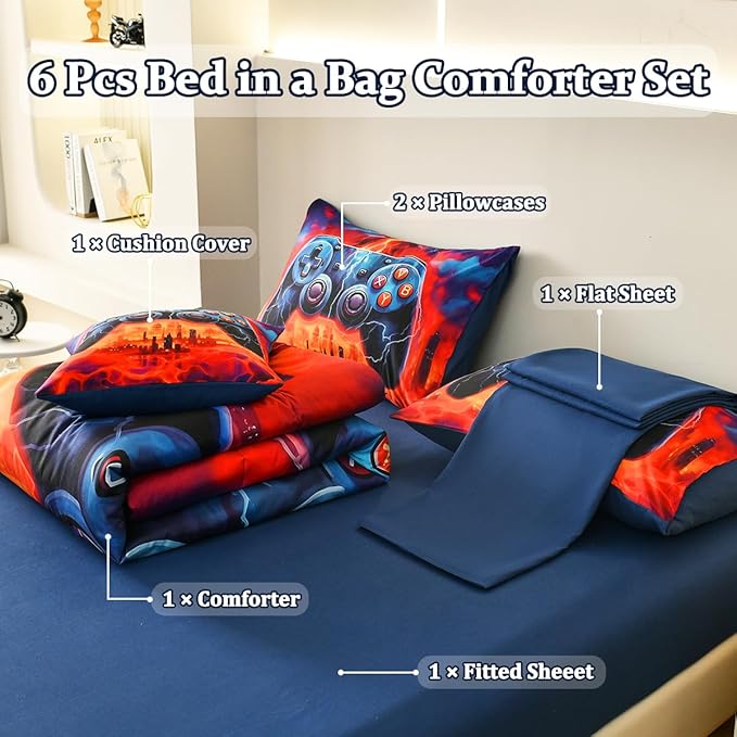Game Console Full Comforter Set with Sheets, Microfiber 6 Pcs Bed in A Bag Full Size Gamer Bedding Set for Boys Kids Teens