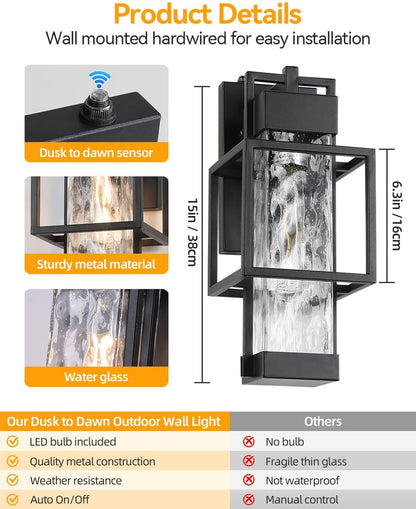 Outdoor Wall Lights Dusk to Dawn Outdoor Lighting 2 Pack, 15" H Black Exterior Lighting Fixtures Waterproof Sconce Porch Lights with LED Bulbs, Large Outside Lights for House with Water Glass
