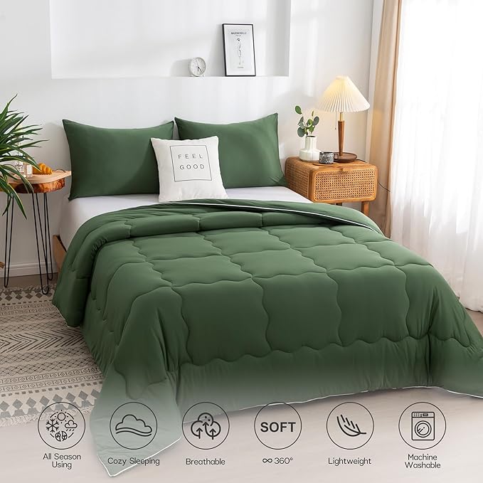 COTTEBED 3PCS Olive Green Comforter Set Queen Size - Jersey Knit T-Shirt Feeling Ultra-Soft Cute Cozy Lightweight Bedding Blanket Quilt Down Set & Pillowcase for All Season Use, Full Queen 88x92 inch