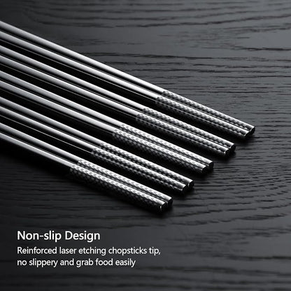 IQCWOOD 18/8 Stainless Steel Chopsticks, 5 Pairs Reusable Metal Chopsticks with Laser Engraved, Dishwasher Safe Non-Slip Square Japanese Korean Style for Cooking Eating, 9 1/4 Inches Gift Set