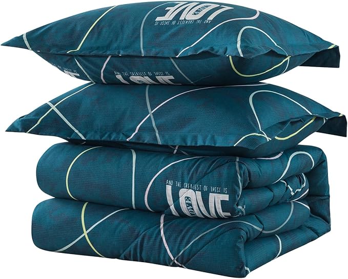 Blue Green Comforter Set King Size, 3 Pieces Modern Lines Pattern with Love, Soft Microfiber Bedding Comforter Set, Down Alternative Comforters for All Season (104 * 90’’)