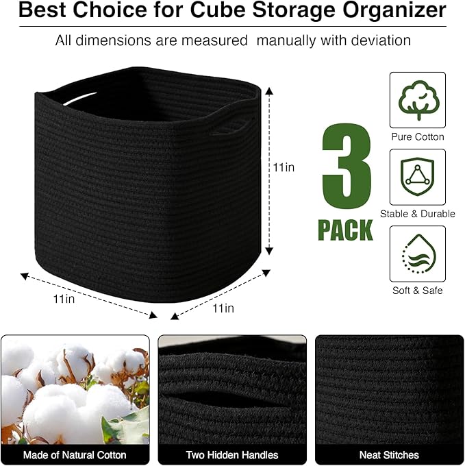 11 Inch Cube Storage Bins, Storage Cube Organizer Bins, Woven Cotton Rope Basket for Storage, Storage Baskets for Organizing Shelves, Square Baskets for Toys, Black (Pack of 3)