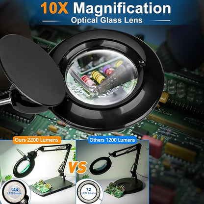【Upgrade Head Dual Dimmer】 10X Magnifying Glass with Light and Stand, HITTI 2-in-1 LED Lighted Magnifier Large Base & Clamp, Infinite Color Stepless Dimming Magnifying Lamp for Painting Craft Reading