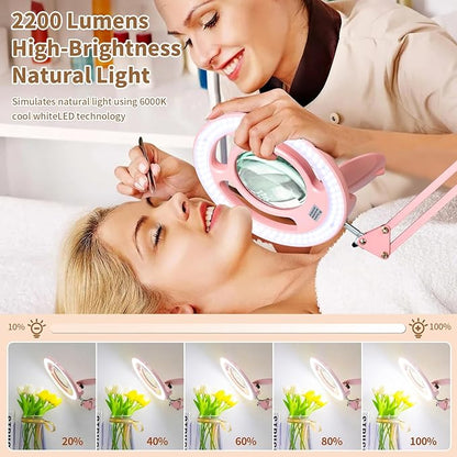 HITTI 2200 Lumens 10X Magnifying Glass with Light and Stand, 24W Super Bright Esthetician Light Magnifier, Stepless Dimmable Hands Free Magnfiying Lamp for Workbench Craft Painting Nail Hobby - Pink