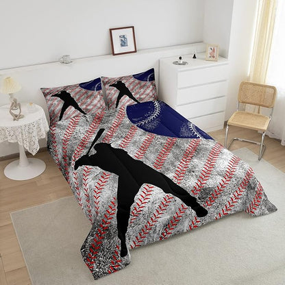 Erosebridal Baseball Comforter Set Queen for Boys Teen Baseball Athlete Bedding Set Kids Ball Games Sports Bed Comforter Sets Sport Baseball Quilt Duvet 2 Pillow Cases Retro Red Dark Blue White