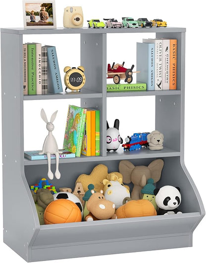 Aheaplus Toy Storage Organizer with Bookcase, 3 Cubby Bookshelf Toy Storage Cabinet, Open Multi-Bins Toys&Books Storage Display Organizer for Playroom, Bedroom, Nursery, School, Grey